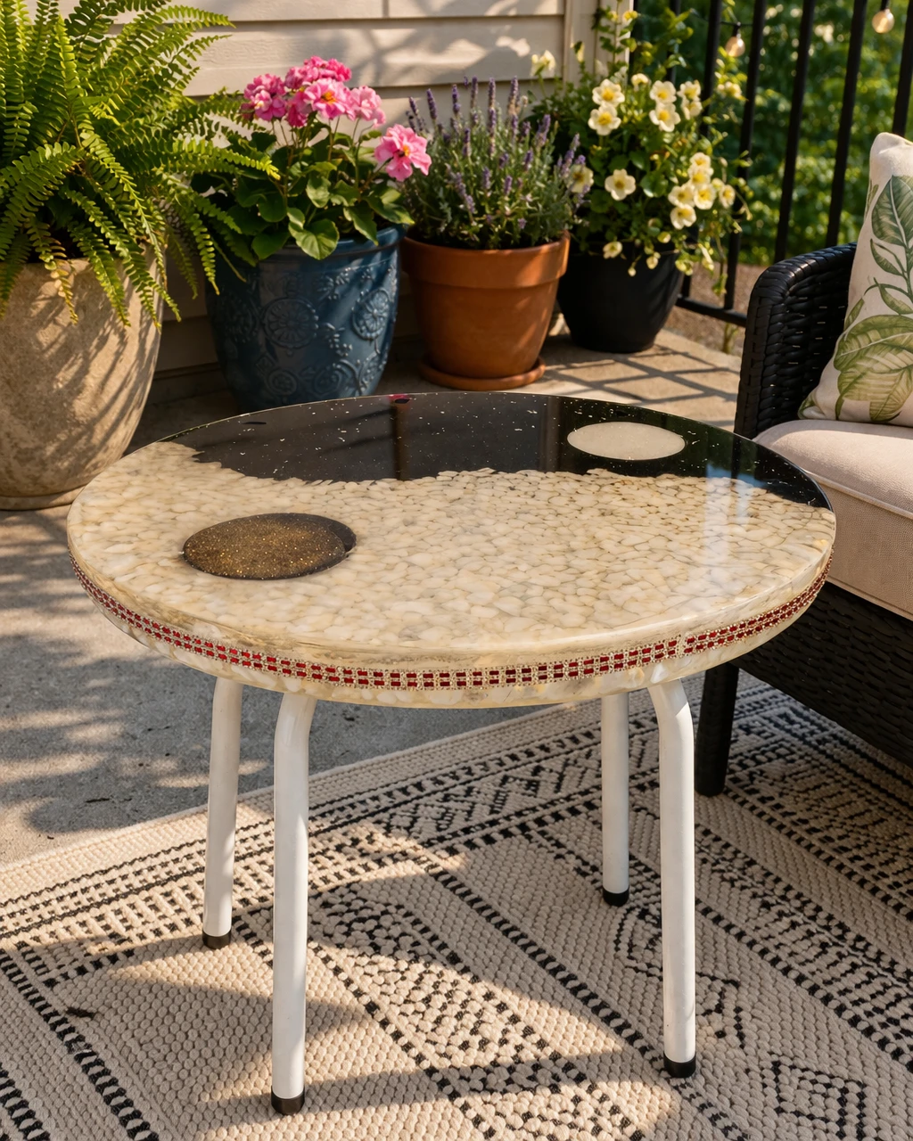 Round resin  Accent Table with ying yang Top