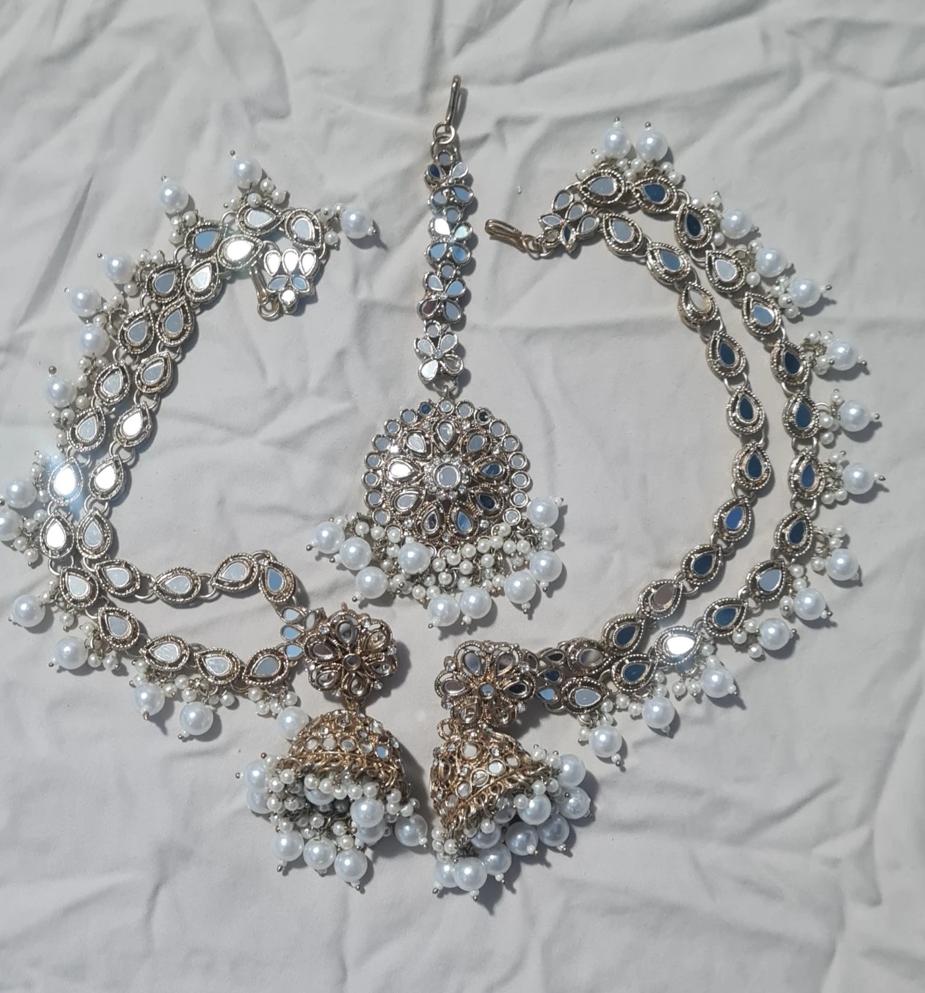 Mirror and Pearl Maang Tikka and Earring Set