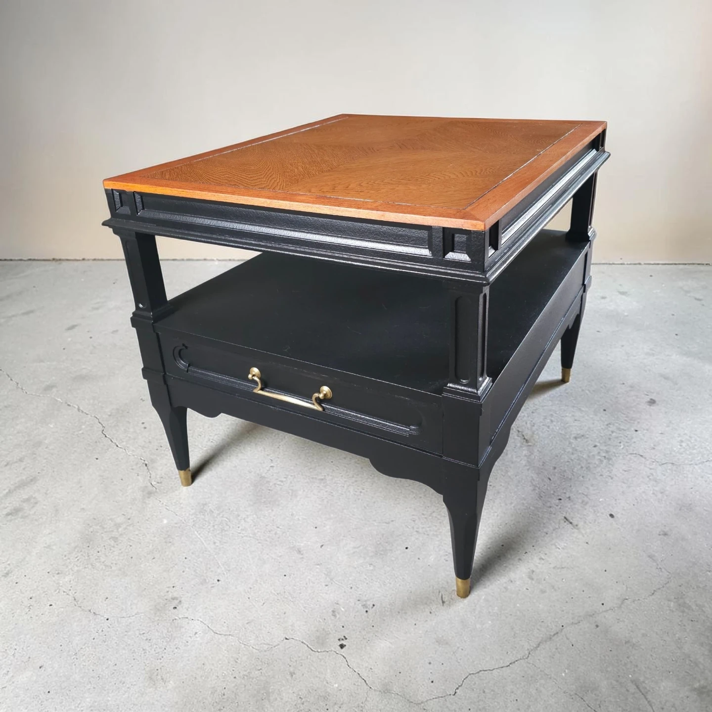 Vintage End Table with Drawer - Wood Top & Black Base