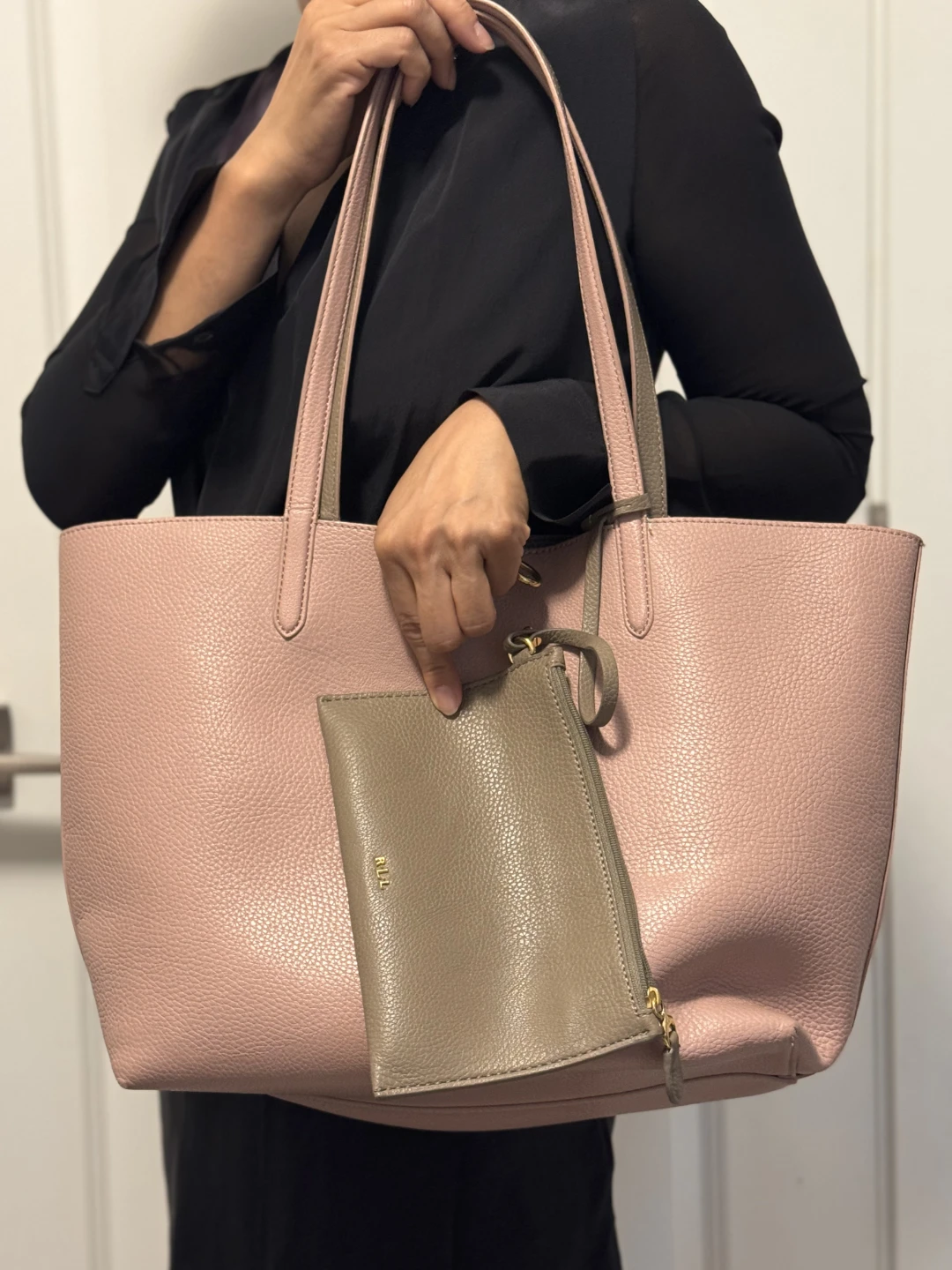 Pink Faux Leather Tote Bag with Pouch