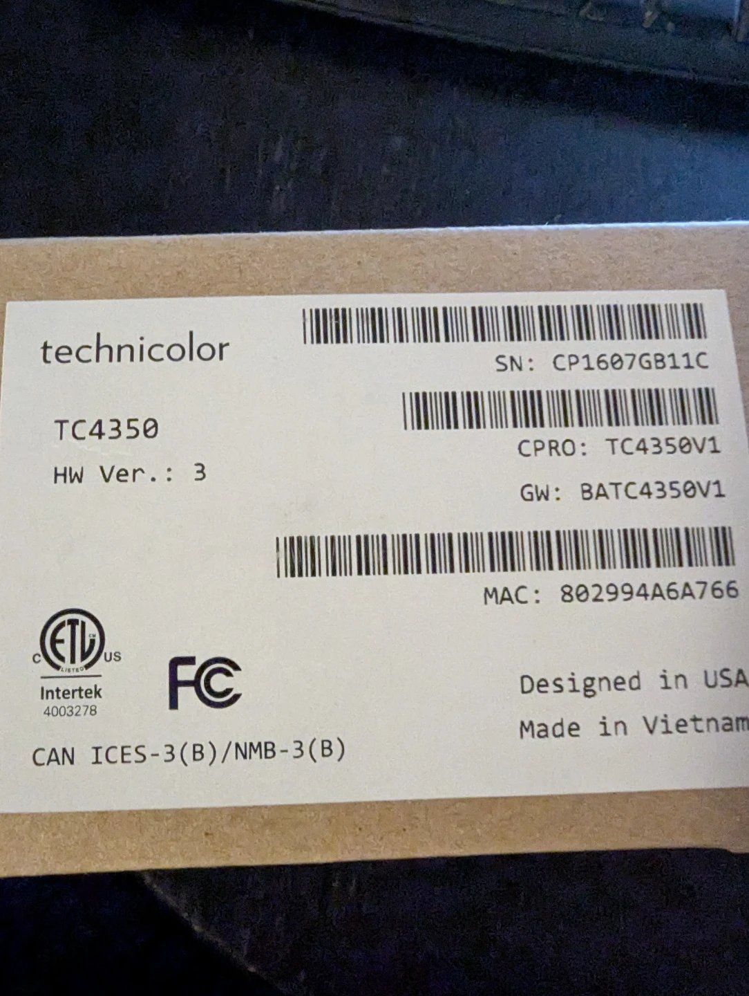 Technicolor TC4350 DOCSIS 3.0 Cable Modem