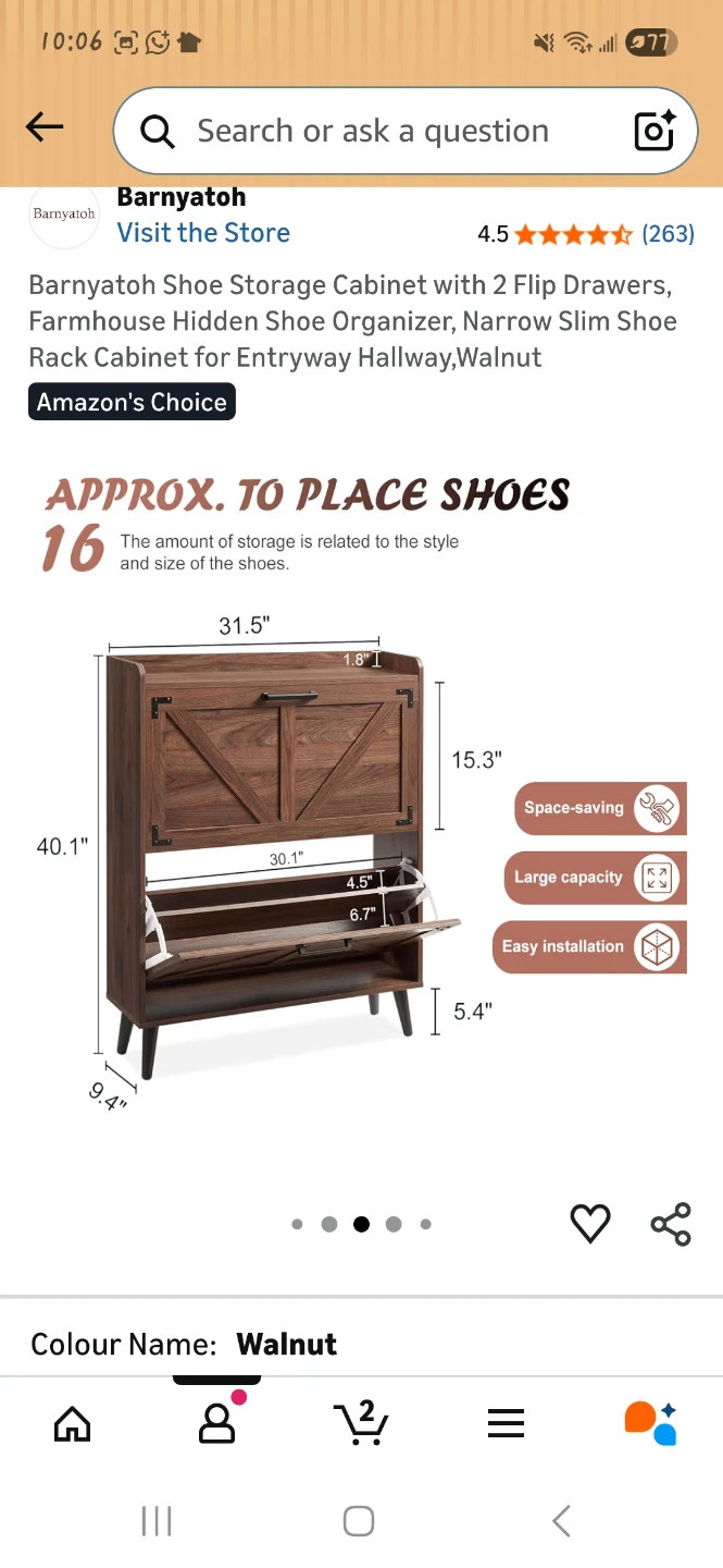 Barnyatooh Walnut Shoe Storage Cabinet with 2 Flip Drawers - photo 2