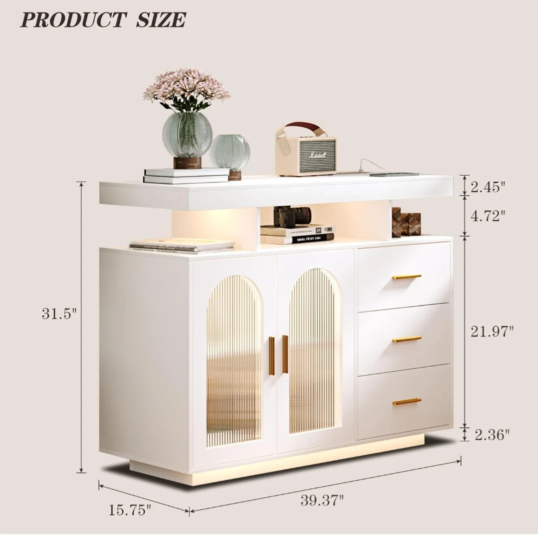 White Storage Cabinet with 3 Drawers and Frosted Glass Doors - photo 5