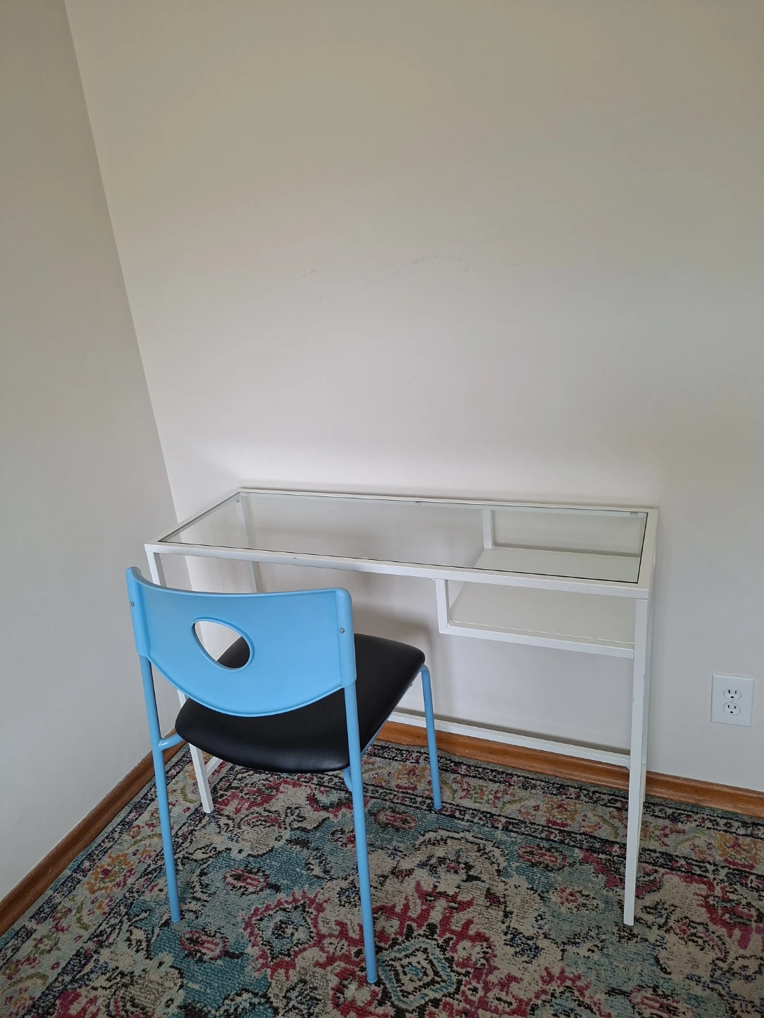 Narrow White metal and glass desk with chair