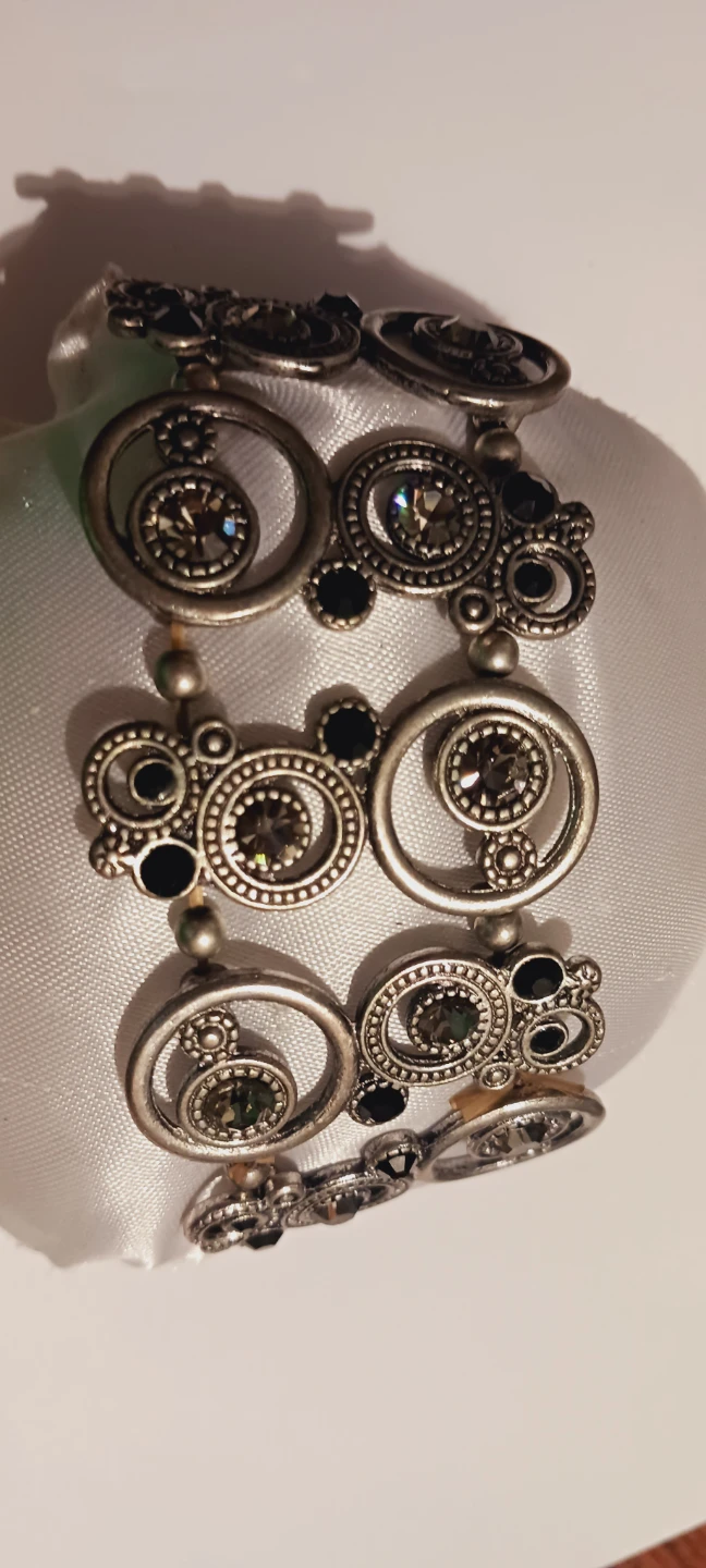 Silver Tone Stretchy Bracelet with Black and Clear Gems - photo 3