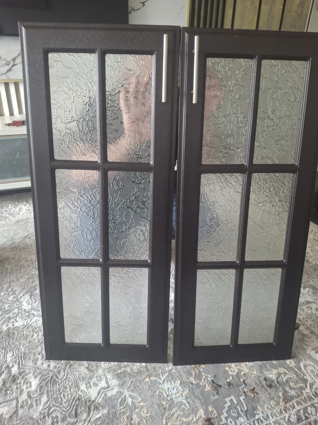 Dark Brown Cabinet Doors with Frosted Glass Panes