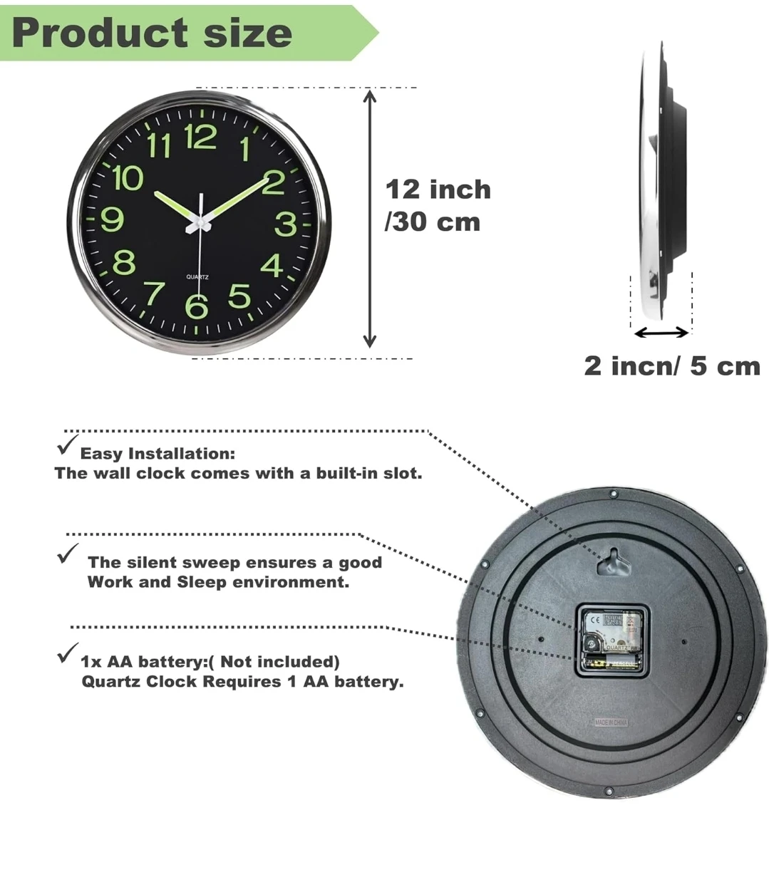 12” Silent Night Light Wall Clock – Large Easy-Read Numbers - photo 3