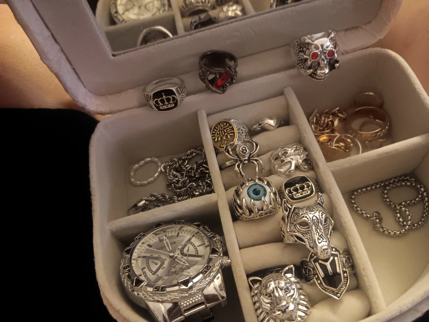 Jewelry Box with Assorted Rings and Watch