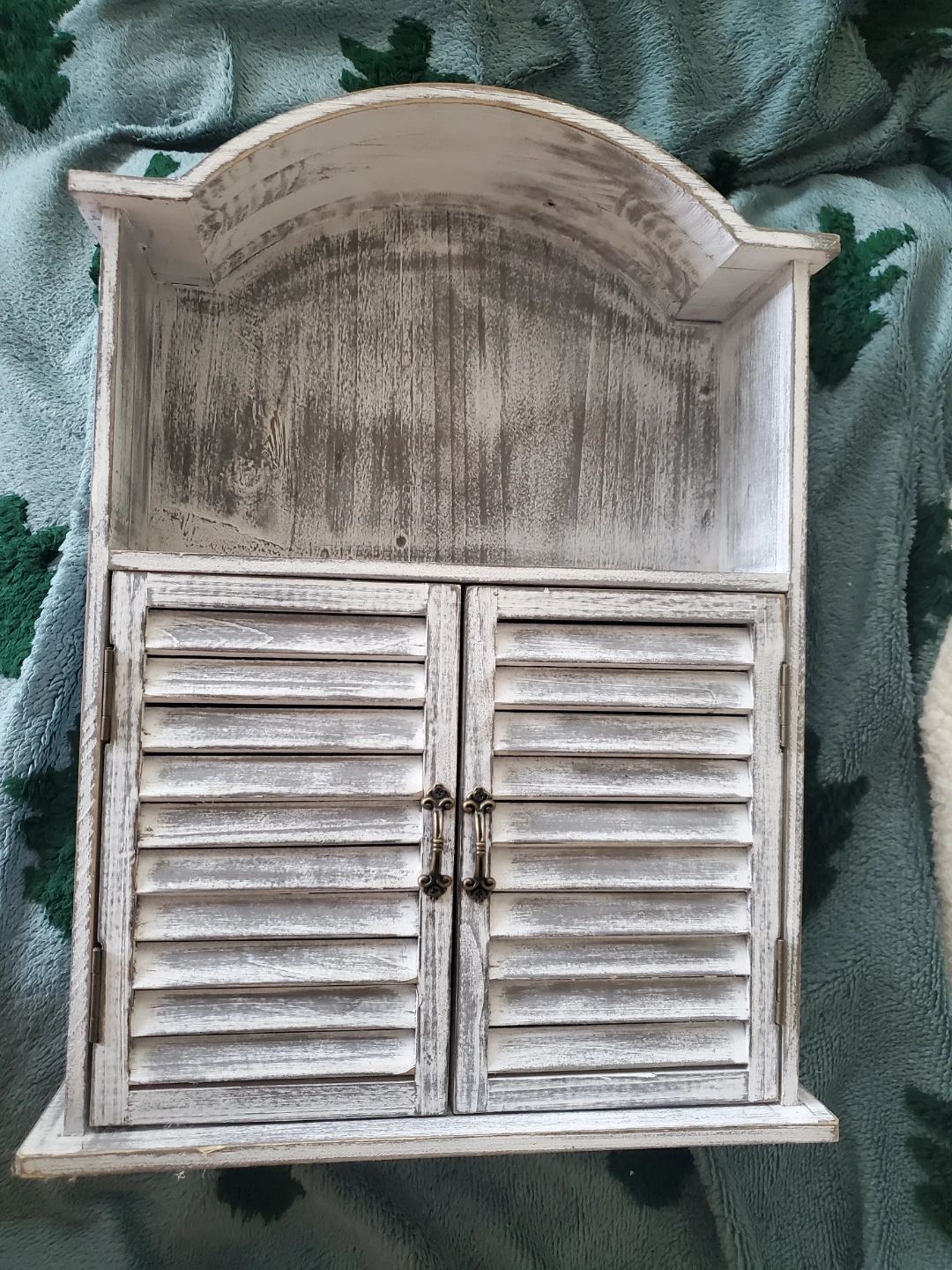 Distressed White Wood Shelf with Doors