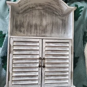 Distressed White Wood Shelf with Doors