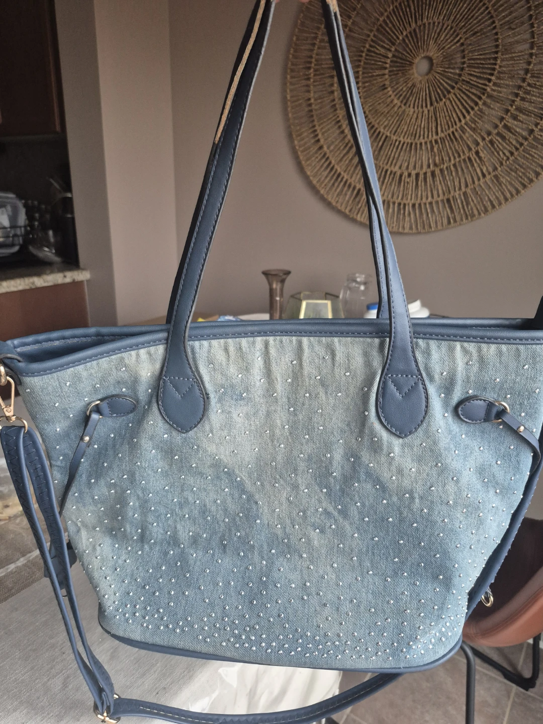 Denim Tote Bag with Rhinestones
