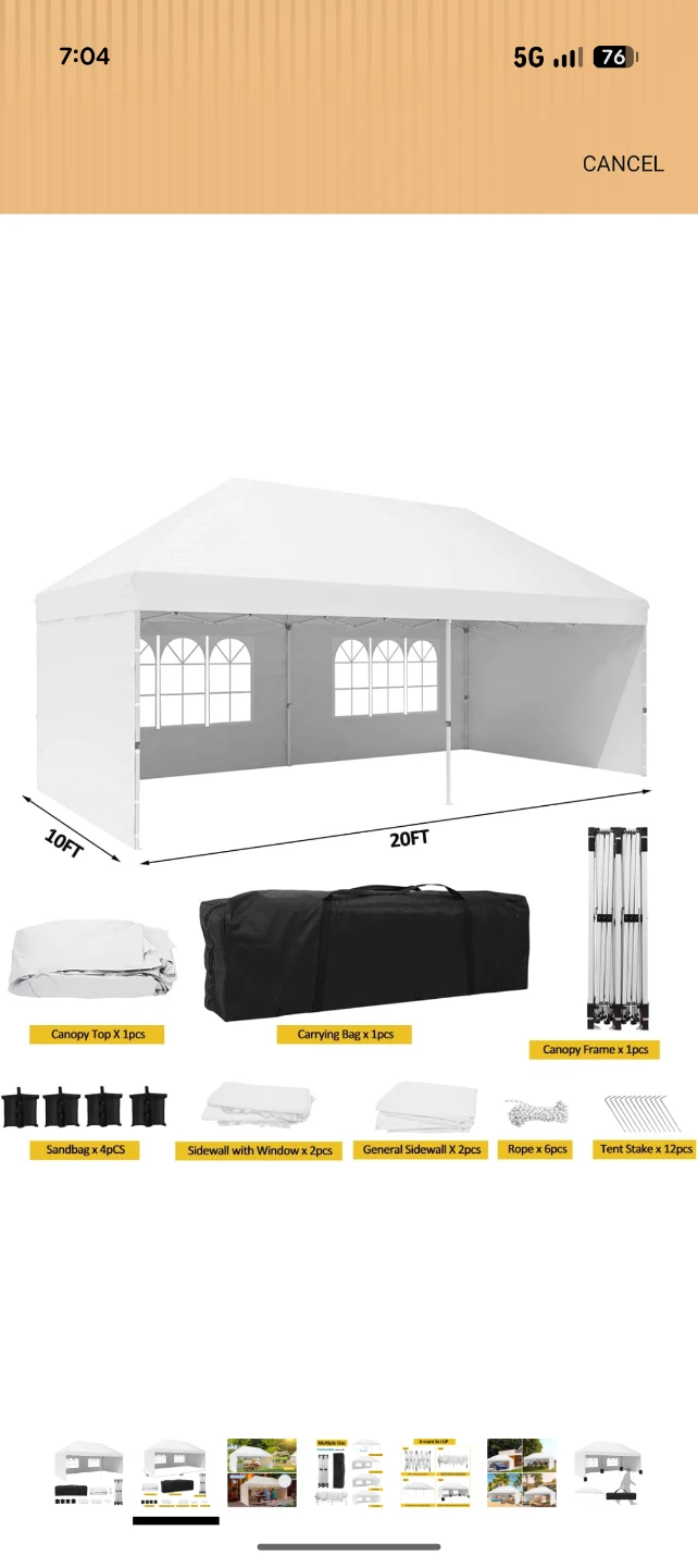 20ft x 10ft White Canopy Tent with 4 Removable Sidewalls - photo 2