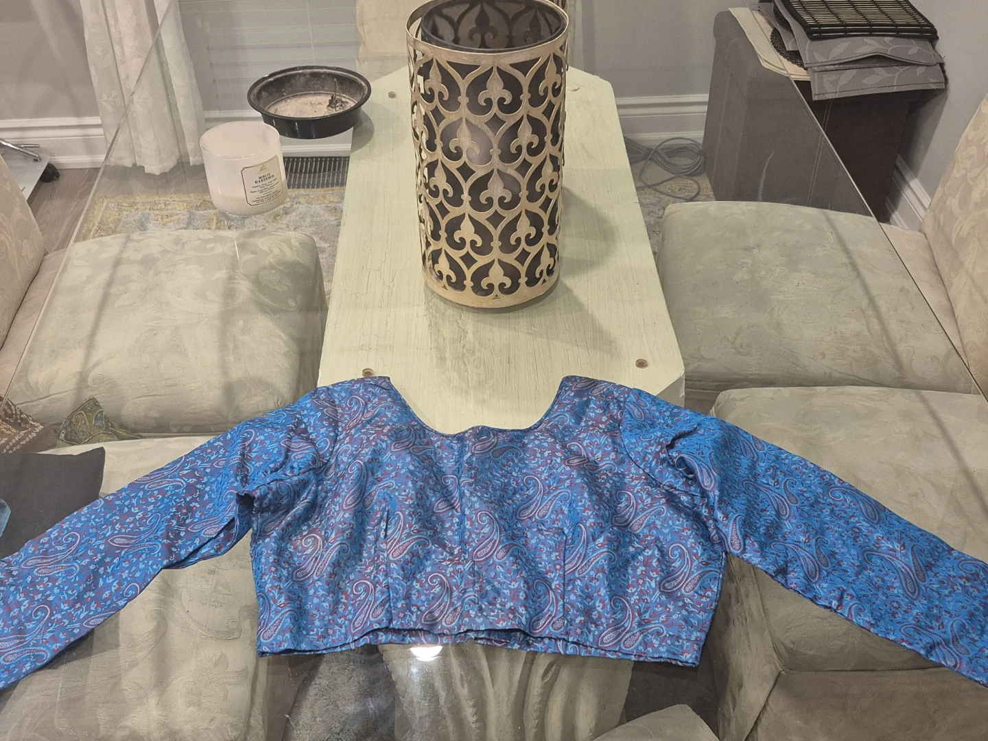 Blue Paisley Print pure chiffon Saree with full sleeve Blouse - photo 4