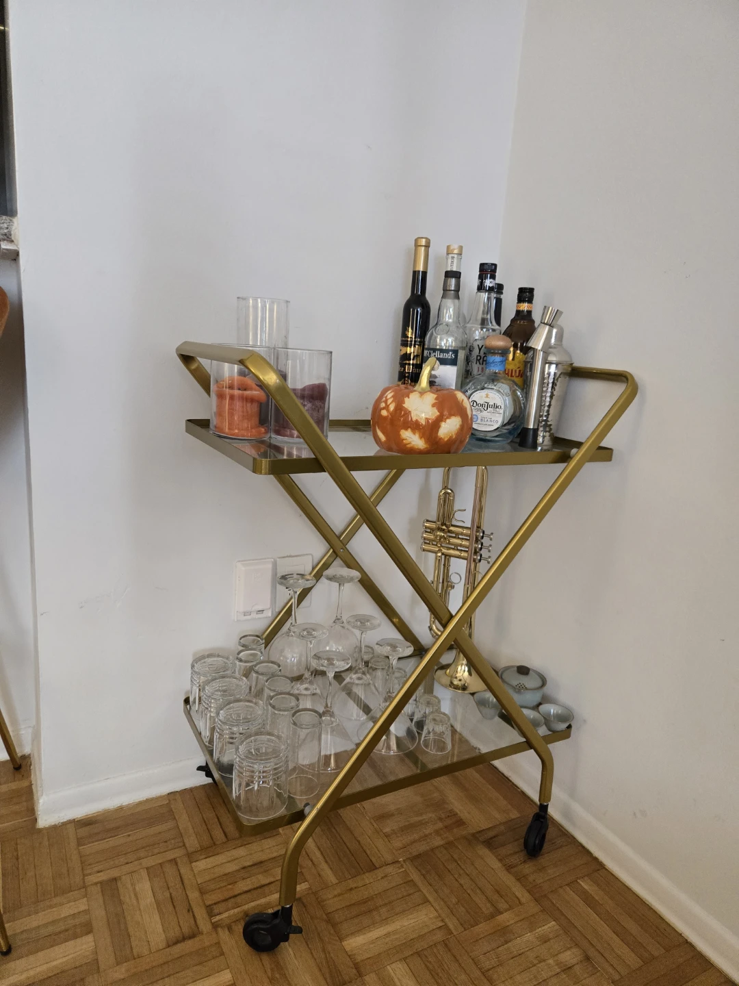Gold Bar Cart with Glass Shelves