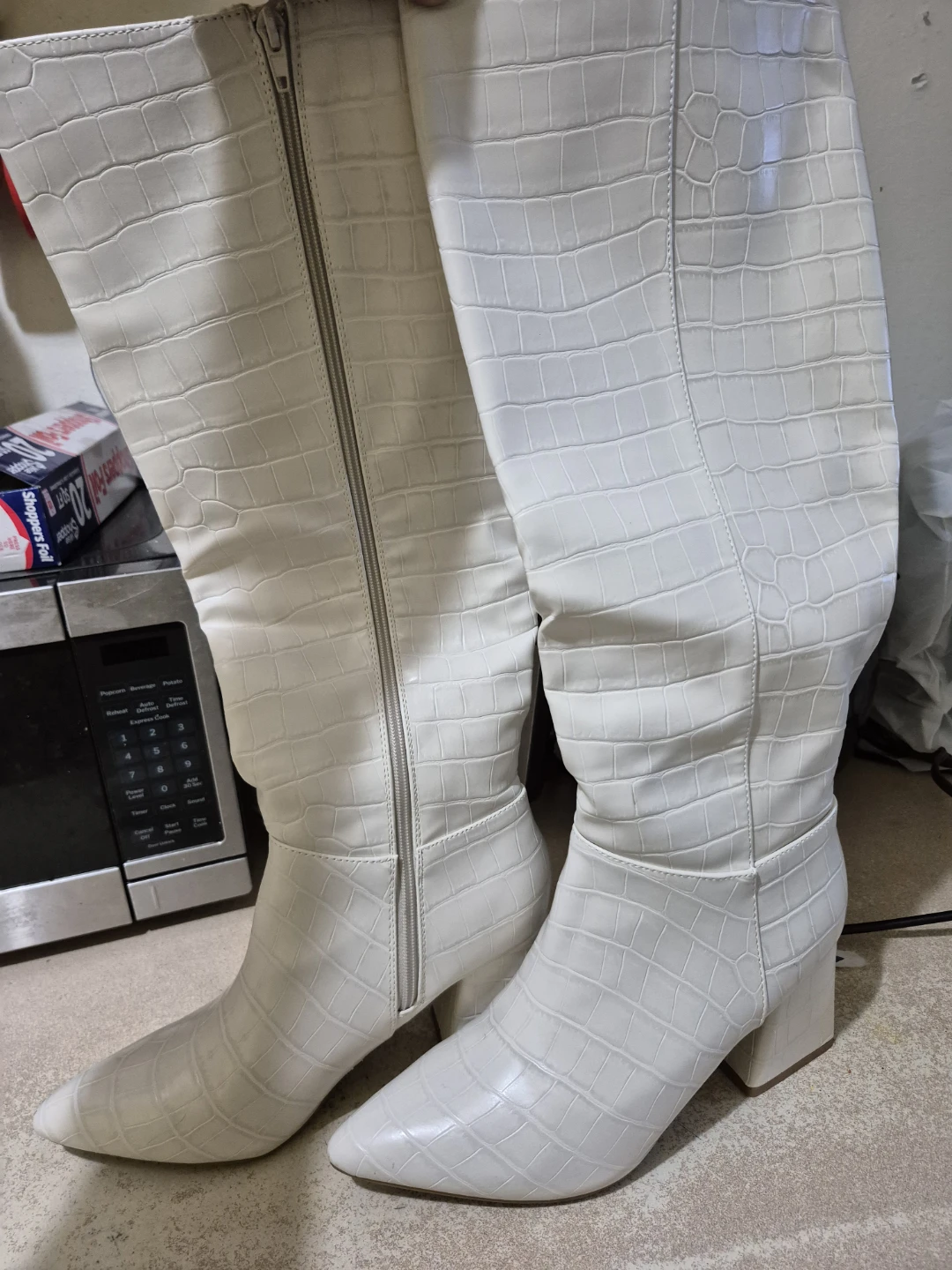 White Croc Embossed Knee-High Boots