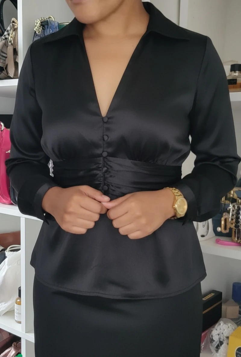 Vintage Bob Mackie Studio Black Ruched Button-Up Blouse Size 10