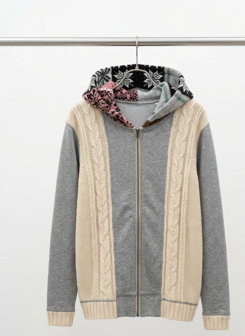 Zip-Up Hoodie with Cable Knit Panels
