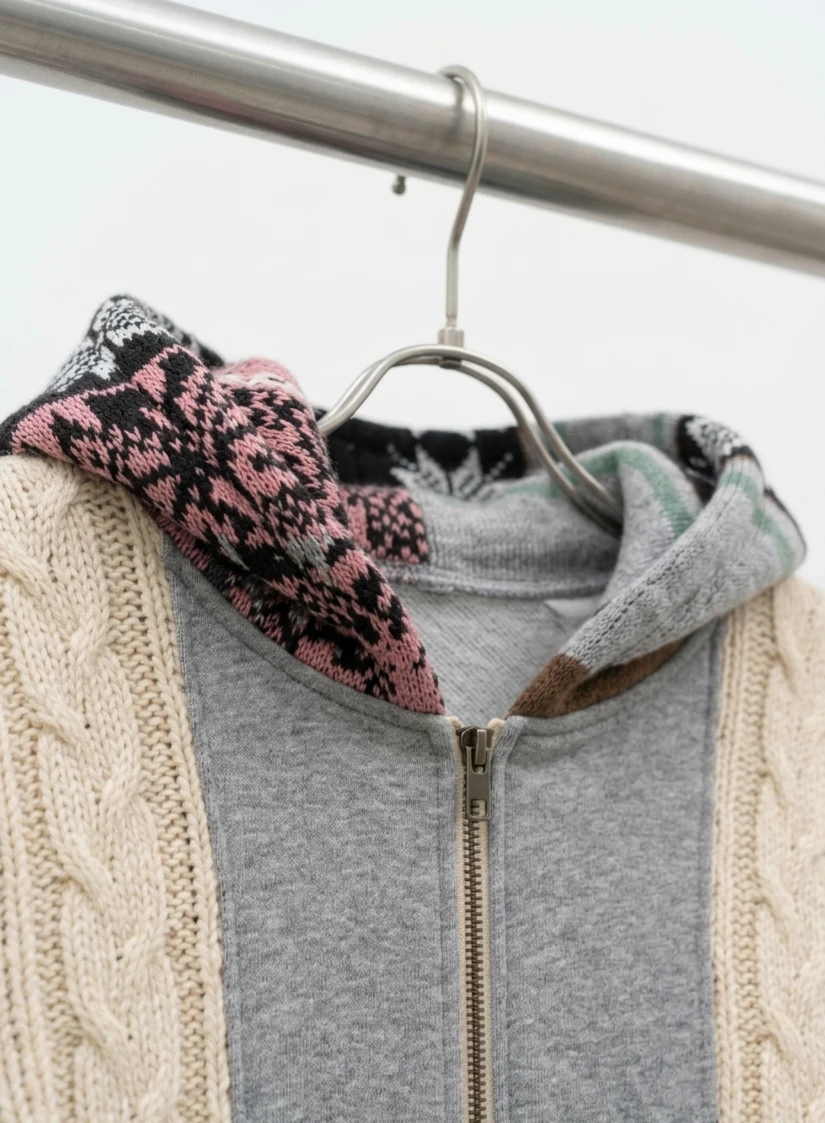 Zip-Up Hoodie with Cable Knit Panels - photo 2
