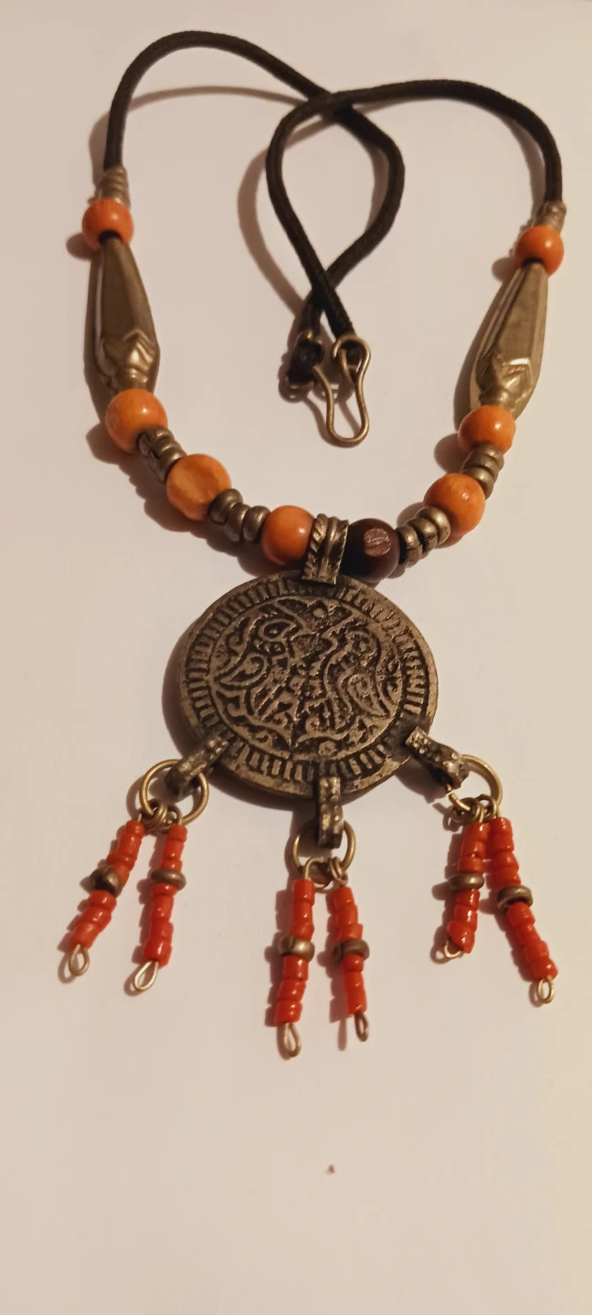 Ethnic Tribal Coin Pendant with Coral Beads Beaded Necklace - photo 2