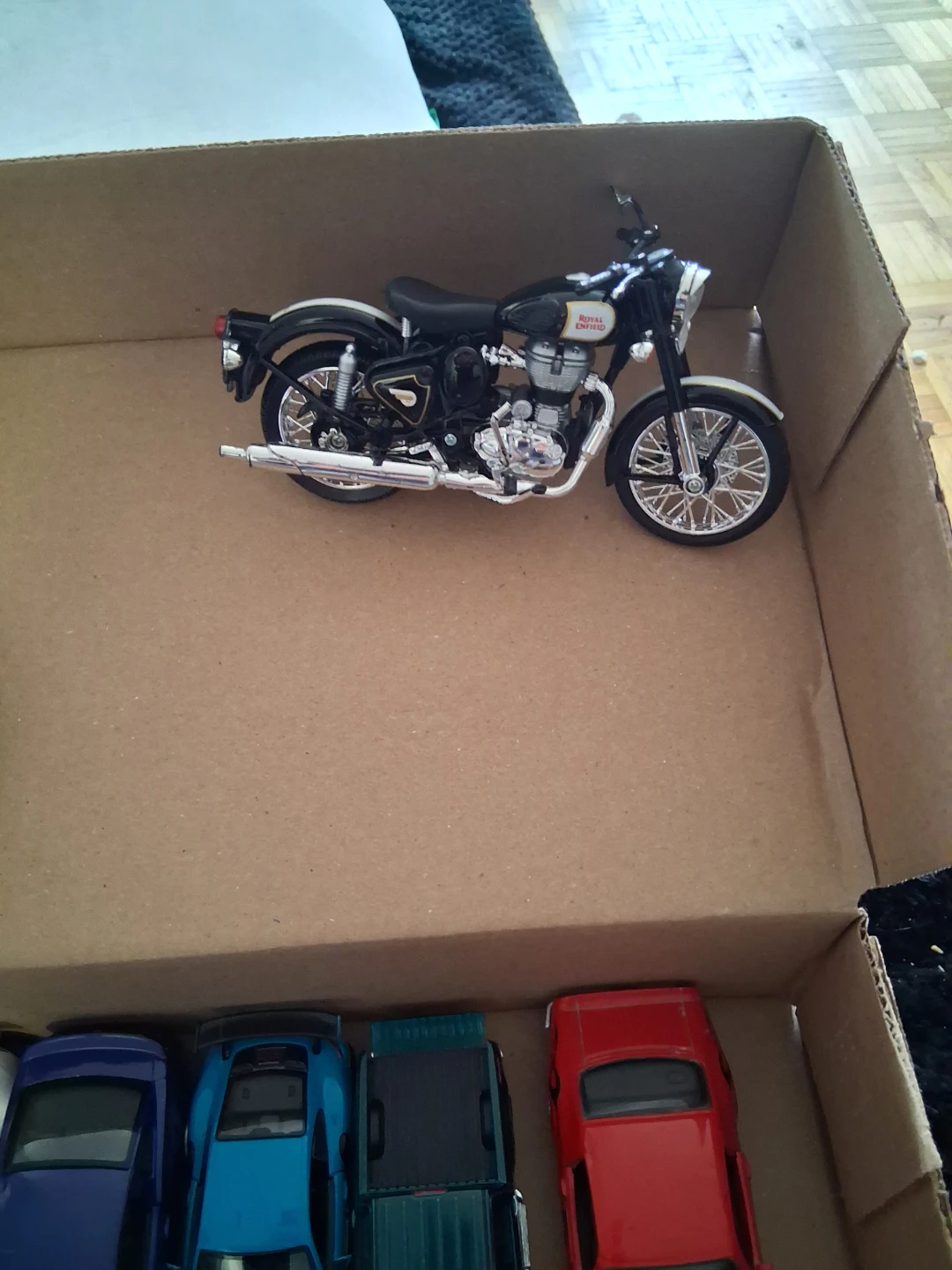 Royal Enfield toy motorcycle and assorted toy cars - photo 2