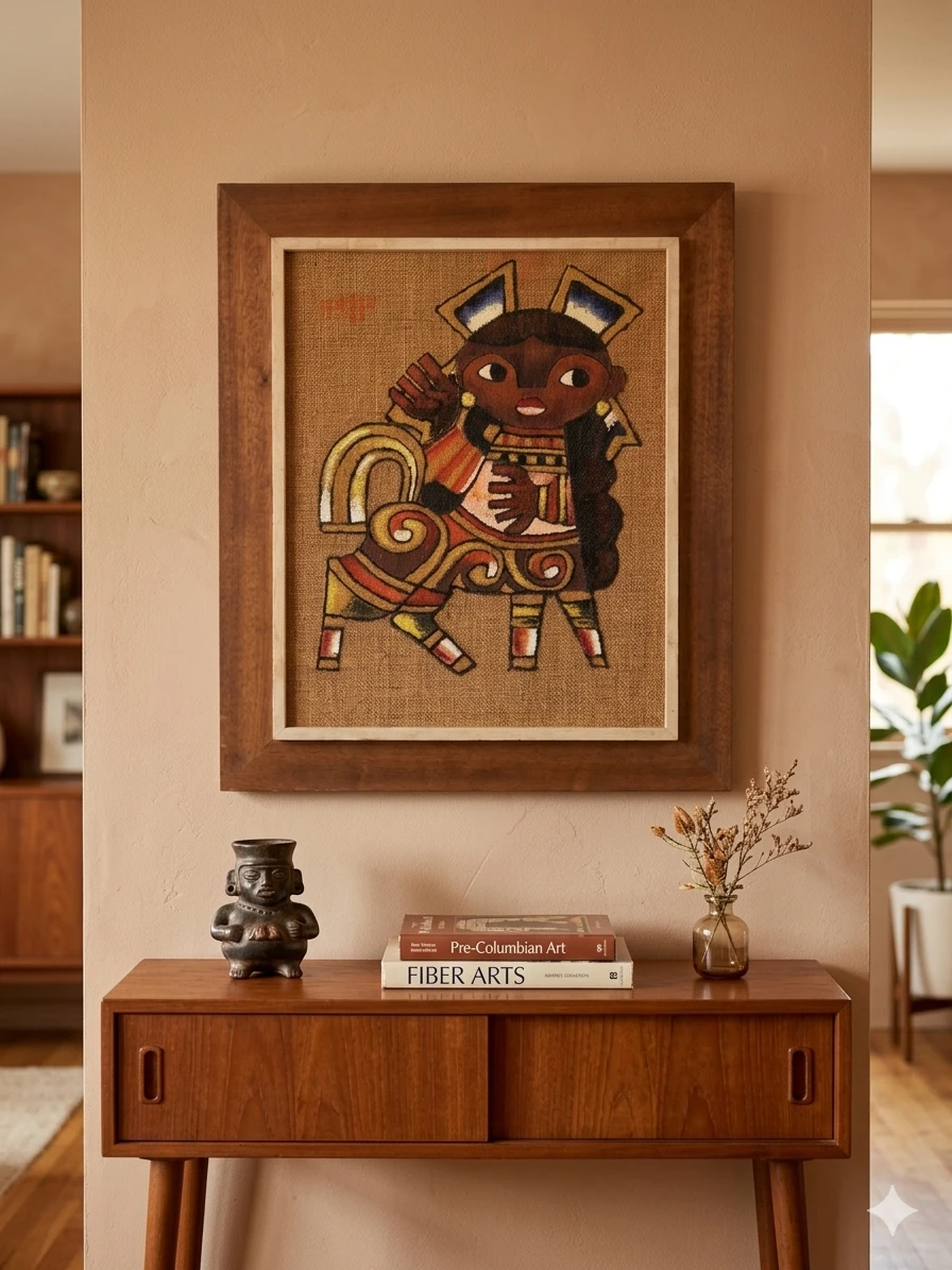 Vintage 1974 Mid-Century Modern Burlap Painting - photo 2