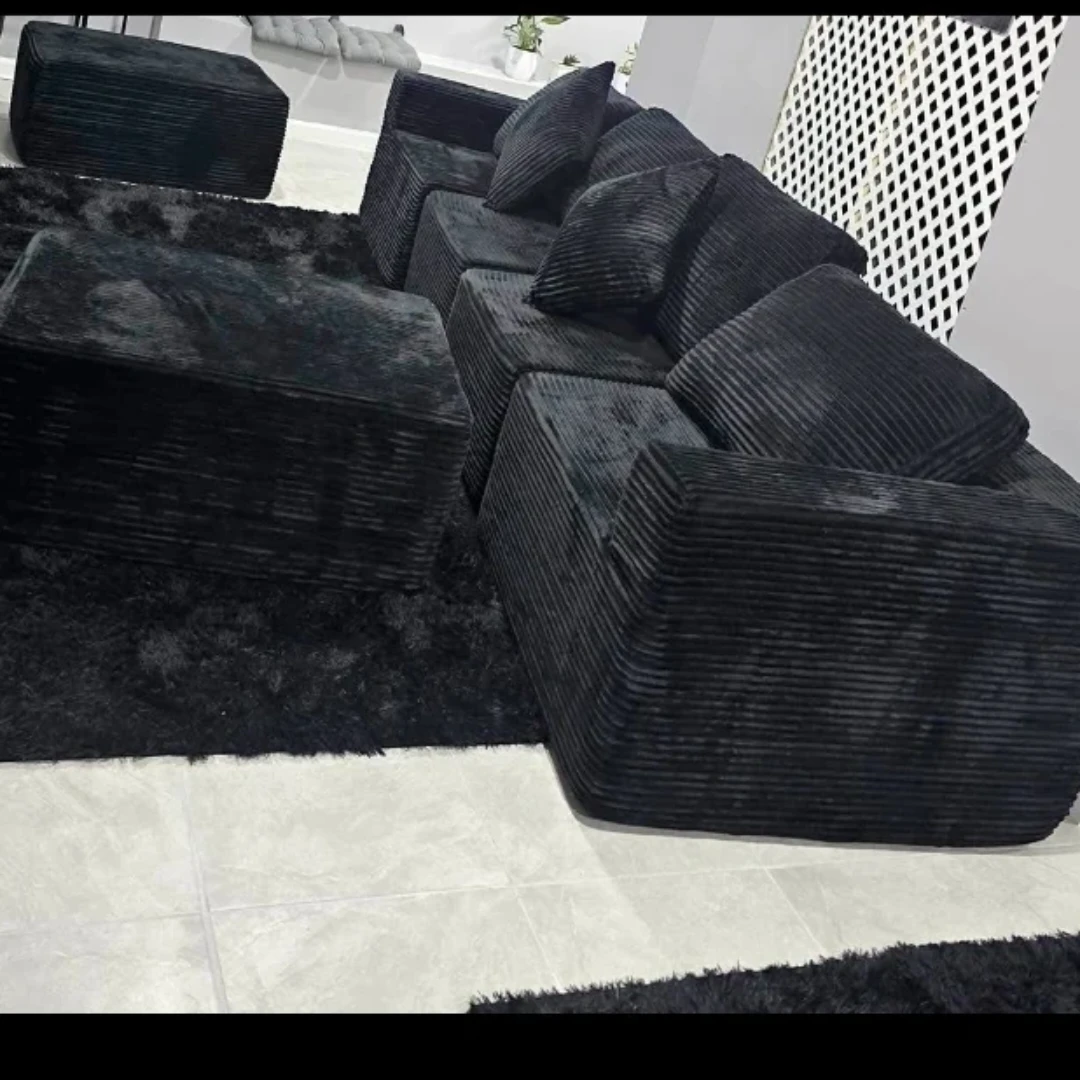 Black Corduroy Sectional Sofa with Ottoman and Rug - photo 2