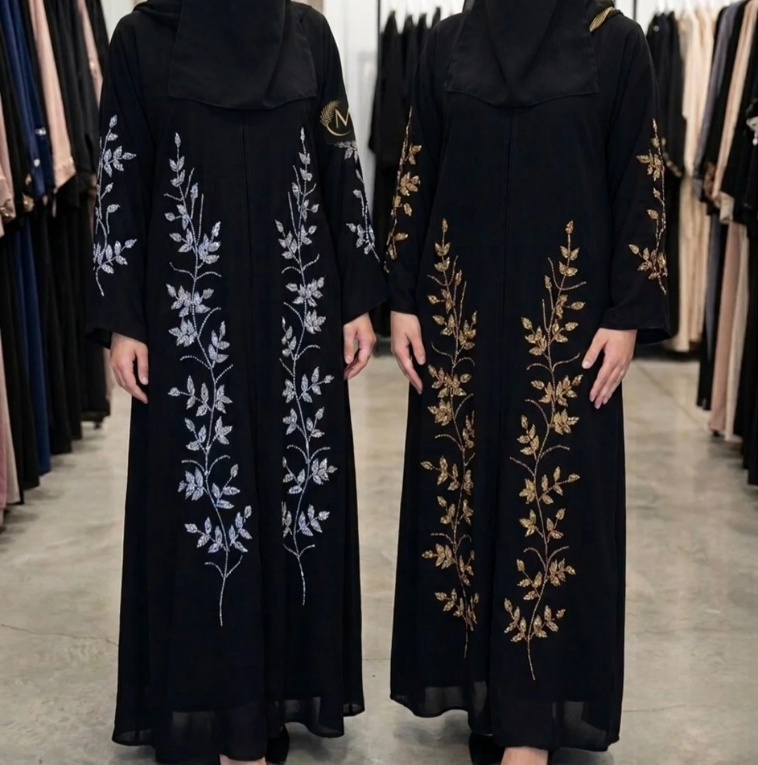 Embellished Black Abaya with Leaf Design