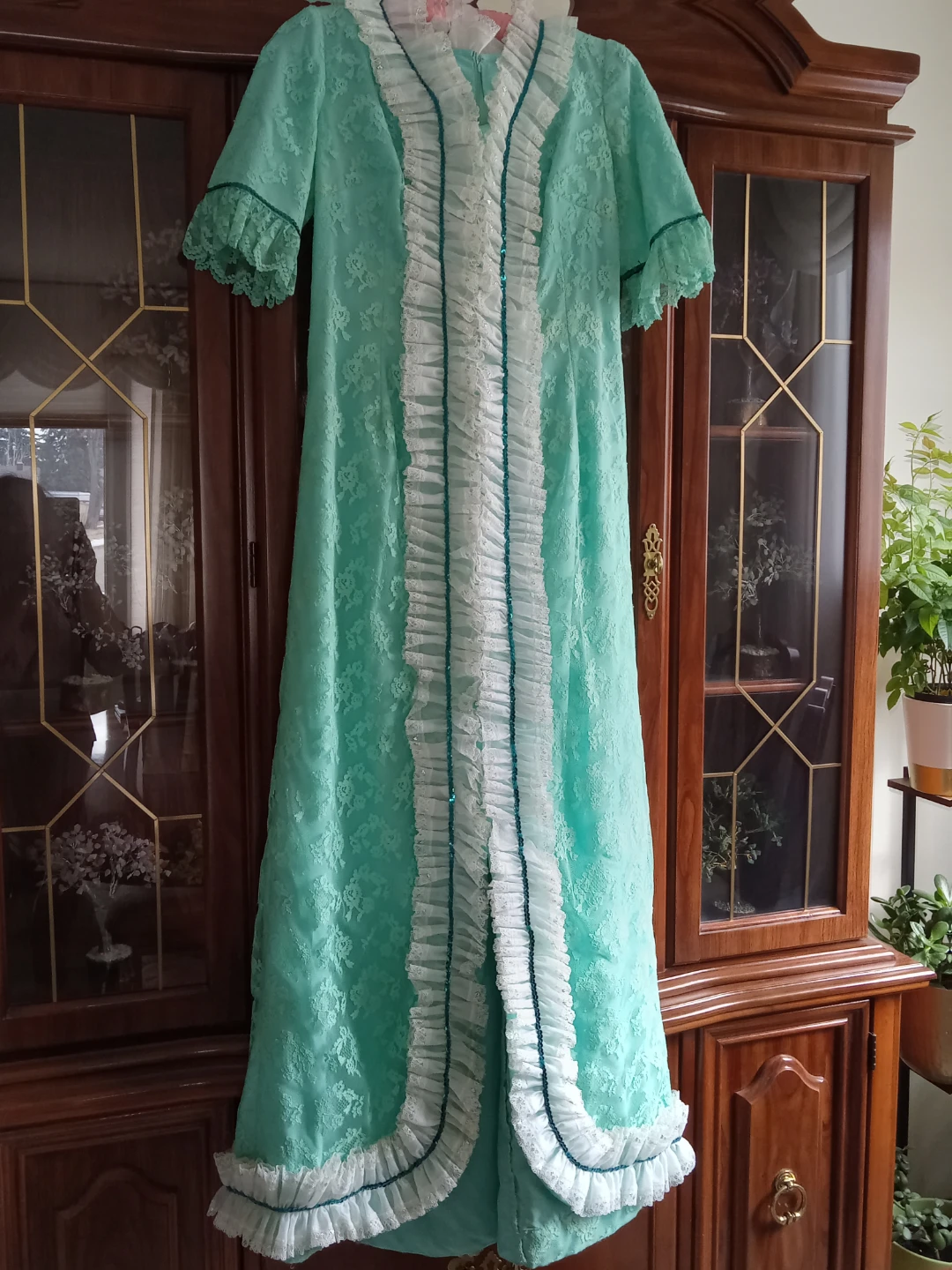 Vintage Mint Green Lace Ruffle Maxi Dress