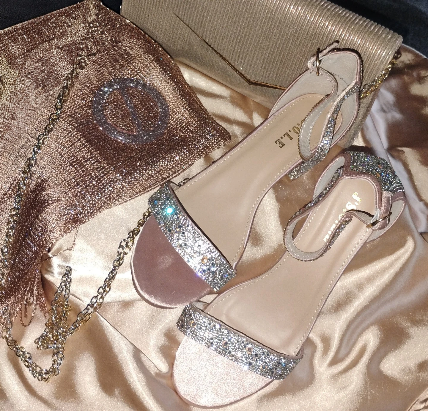 J.Sole Rhinestone Heels , Rose Gold with Clutch, Shawl