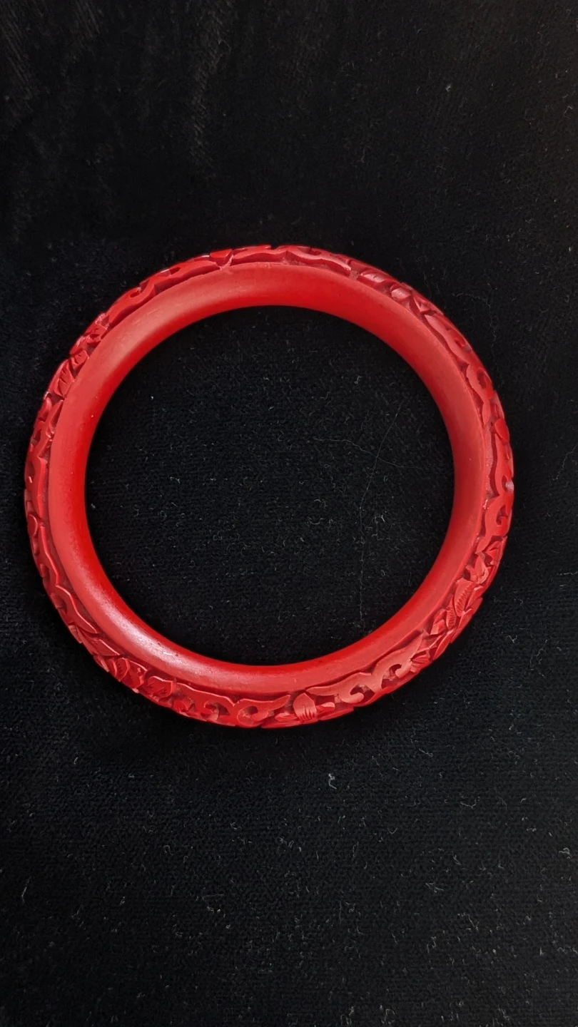Red Carved Cinnabar Floral Bangle Bracelet - photo 4