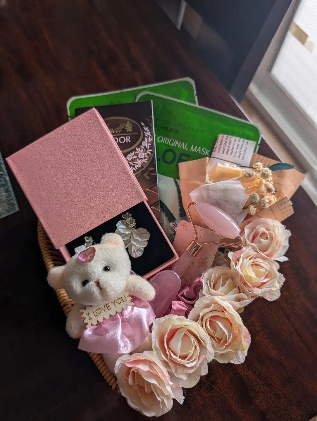 Mother's day Gift Basket with Teddy Bear, Earrings.