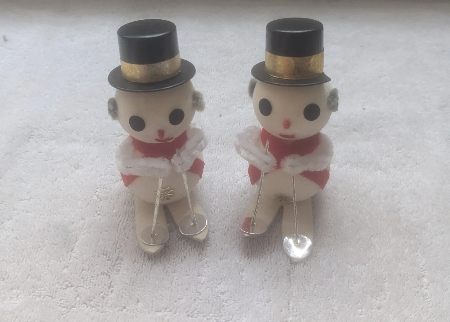 Two Vintage Snowman Skiers Figurines MCM handmade