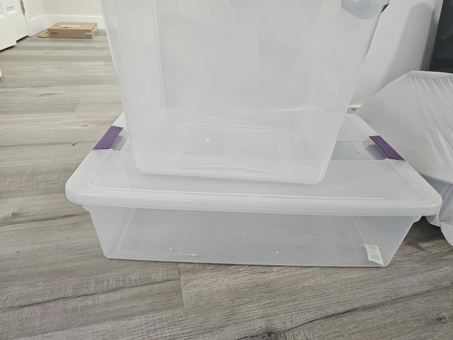 Clear Storage Totes with Purple Lids