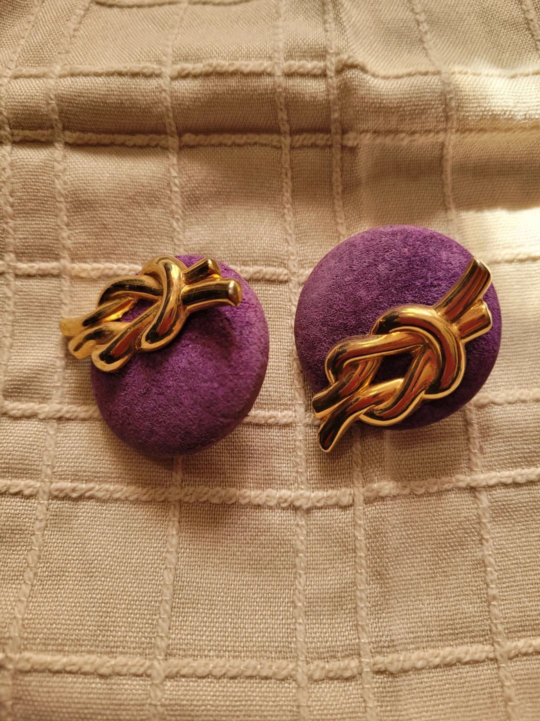 Vintage Purple Button Clip-On Earrings with Gold Knots