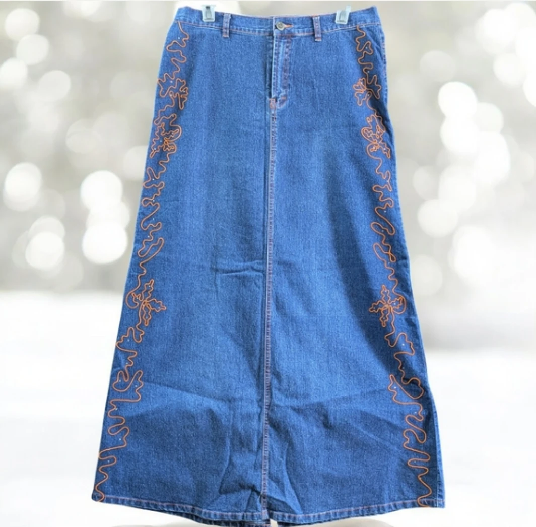 Denim Maxi Skirt with Orange Embroidery