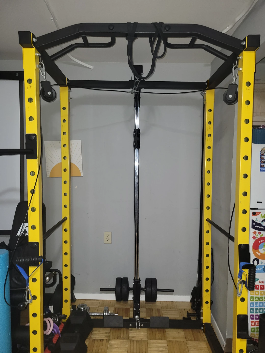 Yellow Power Rack with Lat Pulldown Attachment