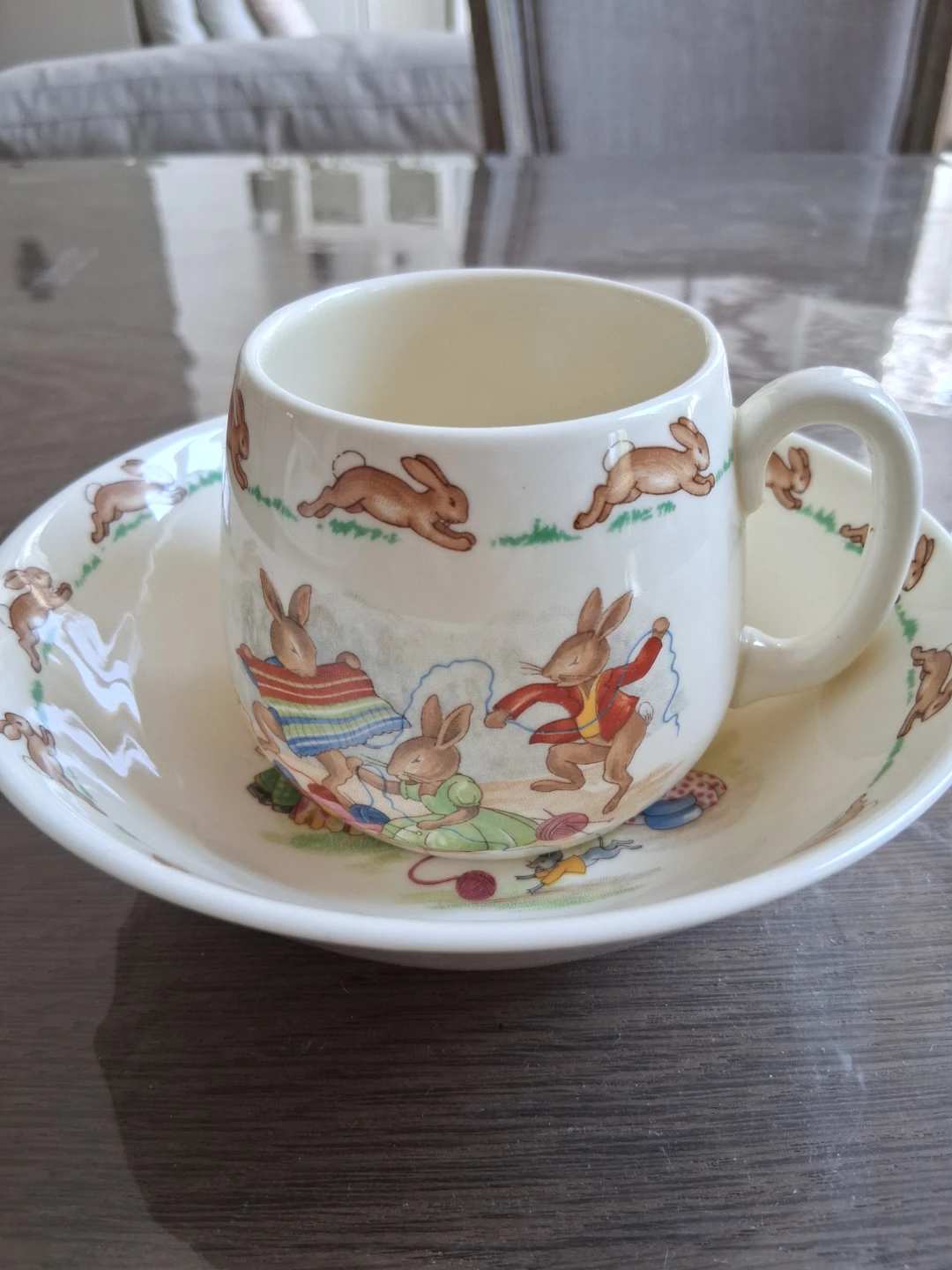 Set of 2 Bunny Themed Ceramic Mugs and Bowl