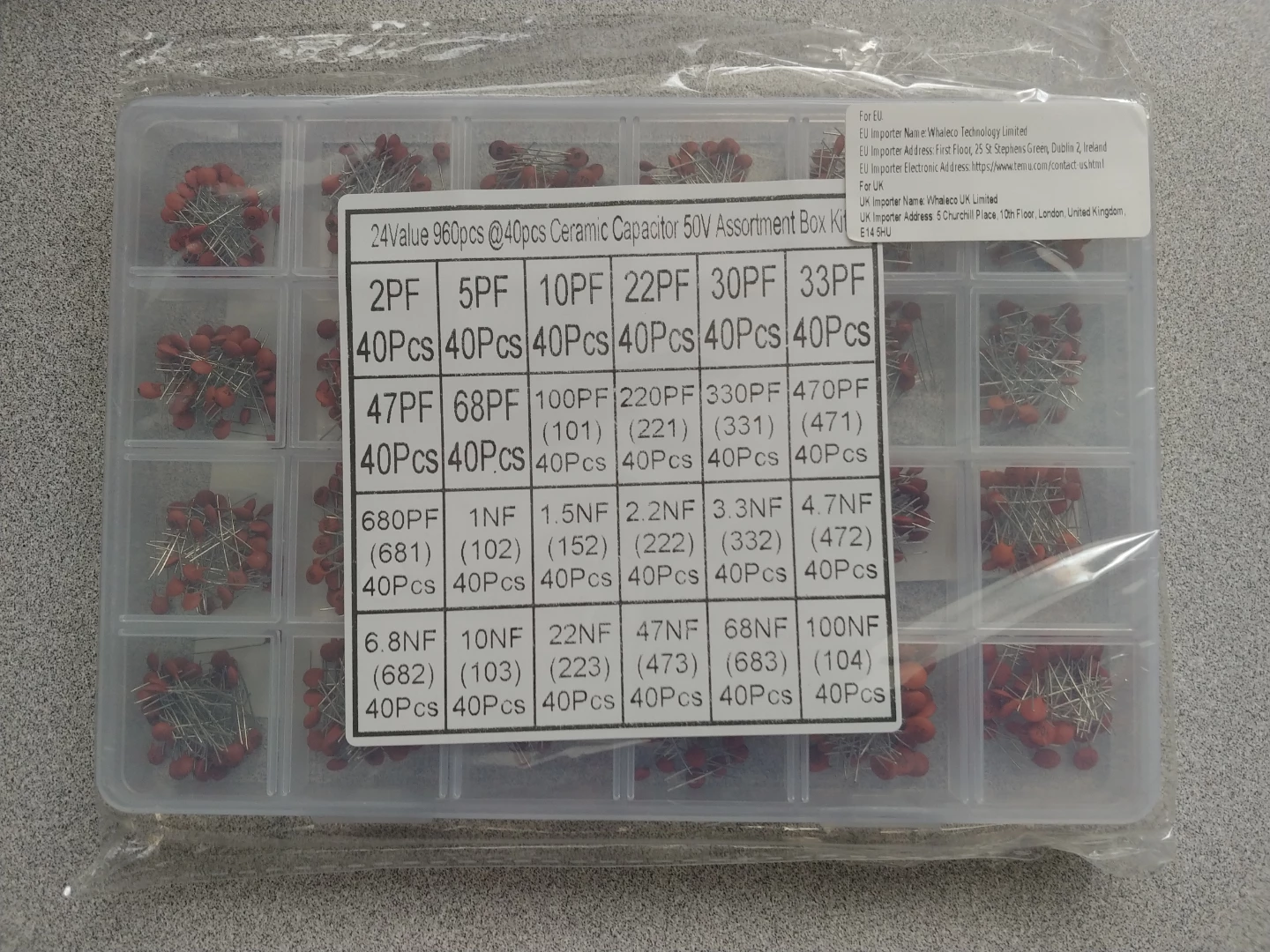 24 Value 960pcs Ceramic Capacitor Assortment Box Kit 50V