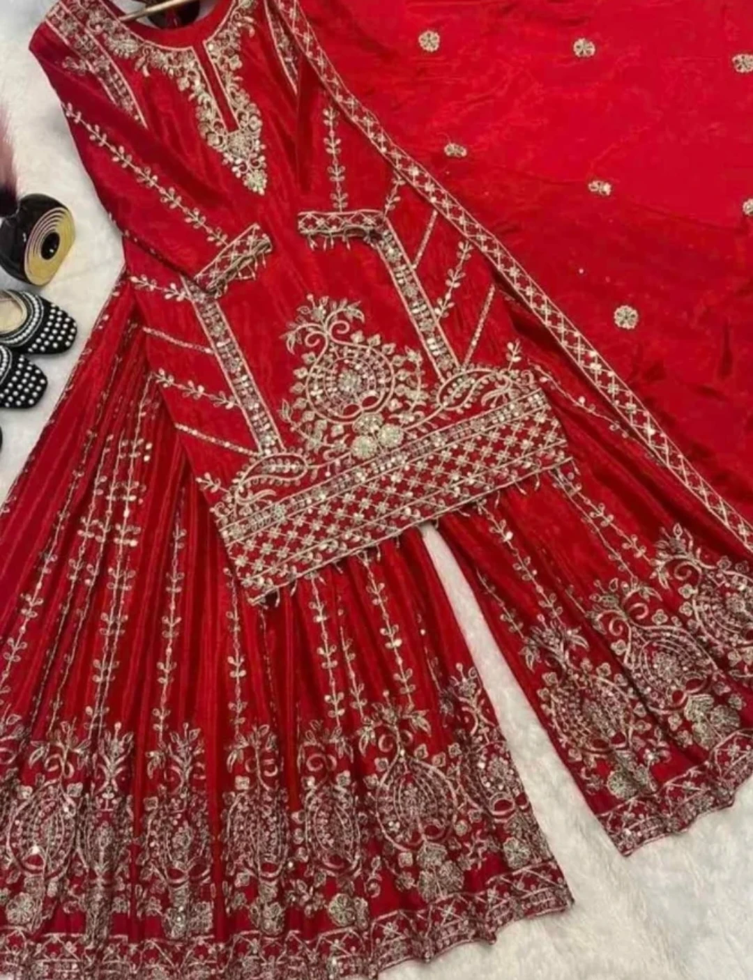 Red Embroidered Velvet Kurti with Sharara Pants