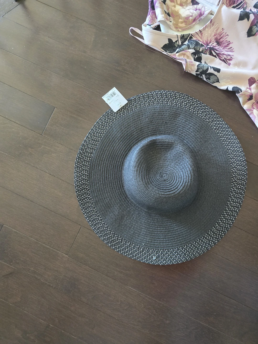 Black Sun Hat with Floral Trim