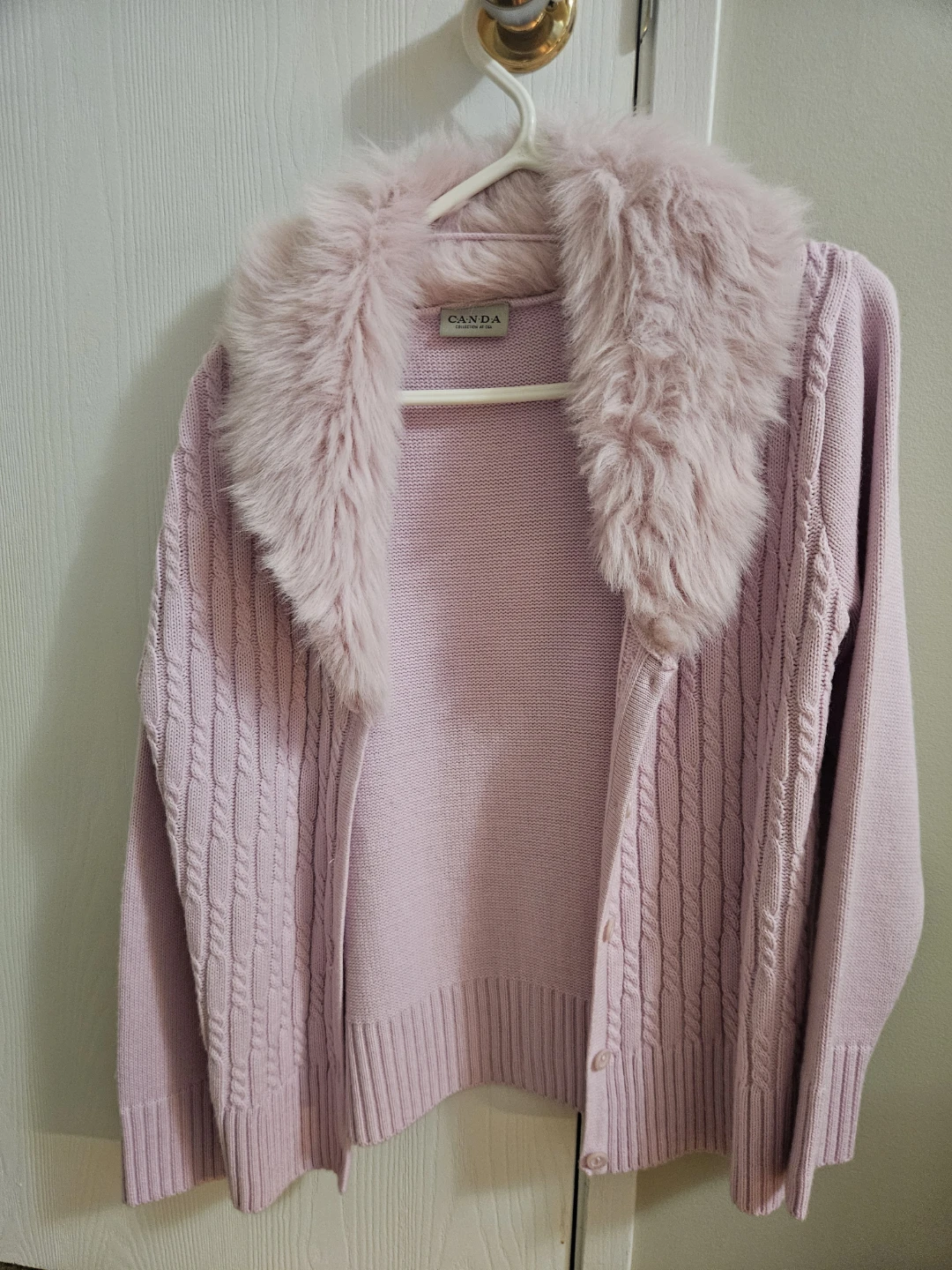 Canda Pink Cable Knit Cardigan with Faux Fur Collar