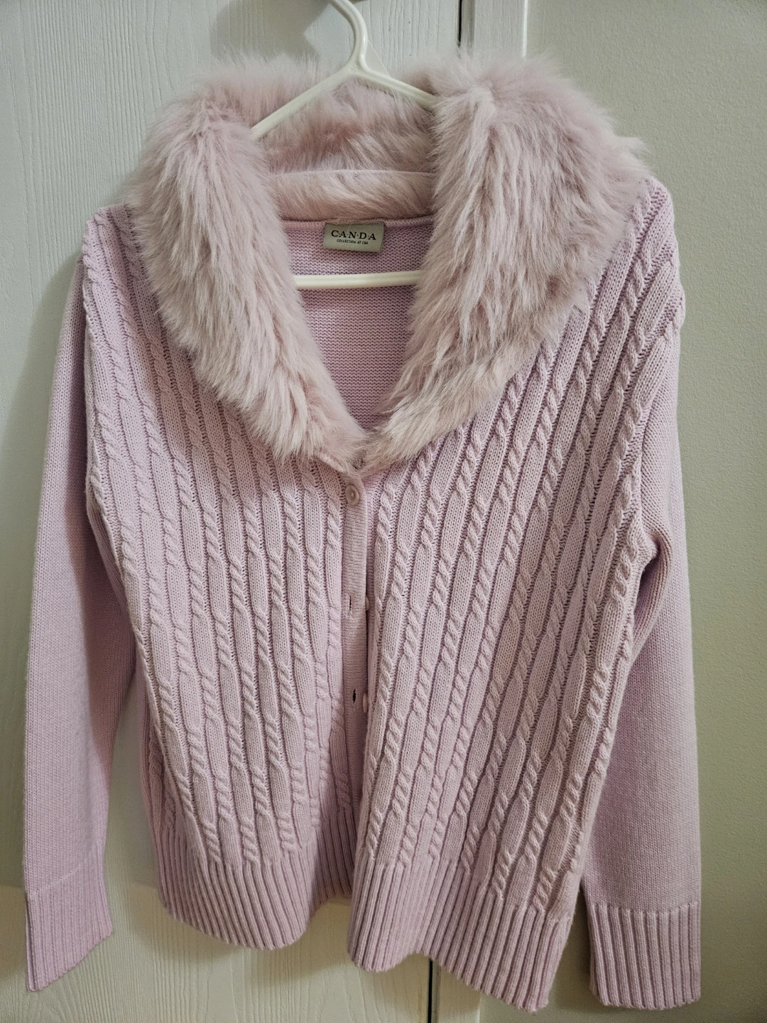 Canda Pink Cable Knit Cardigan with Faux Fur Collar - photo 3