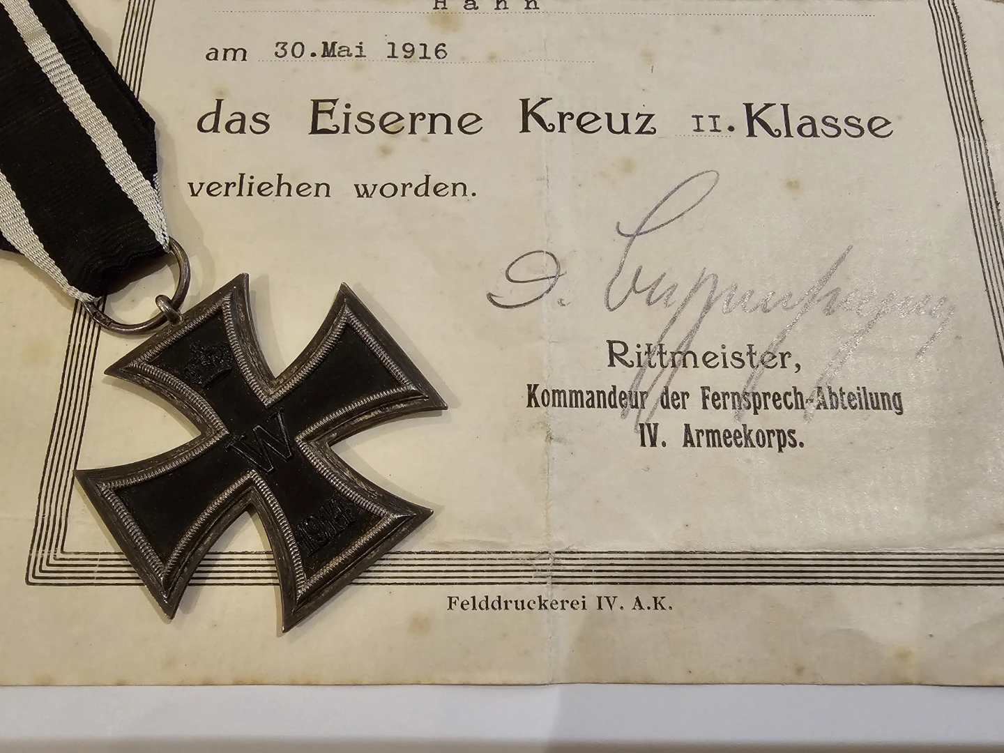 WW1 Iron Cross 2nd Class with document