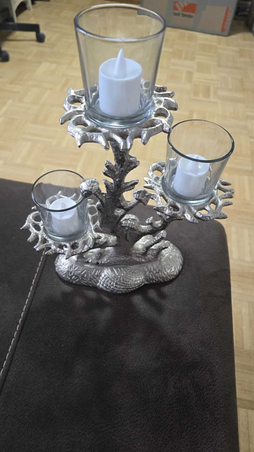 Silver 3-Arm Candlestick Holder with Glass Cups
