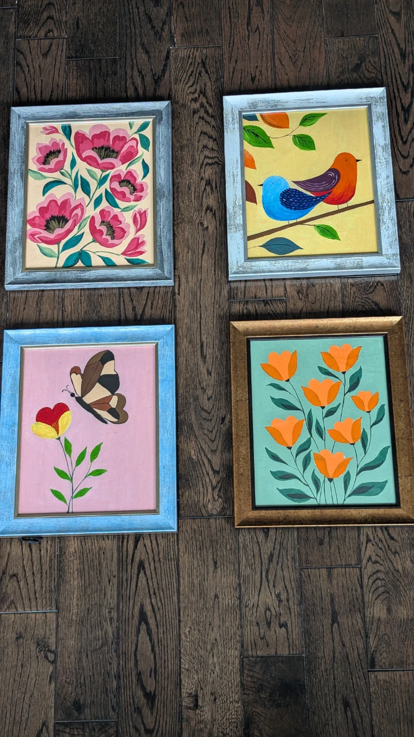 Set of 4 Framed Art Prints - Floral, Birds, and Butterfly
