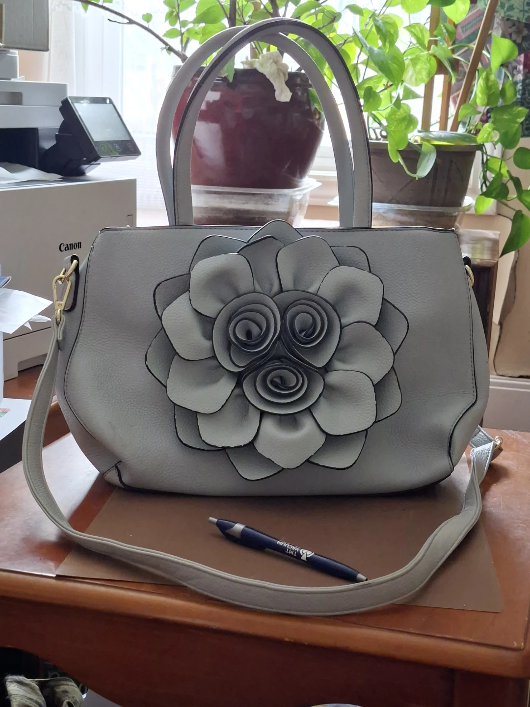 Light Grey Faux Leather Handbag with Large Flower Accent