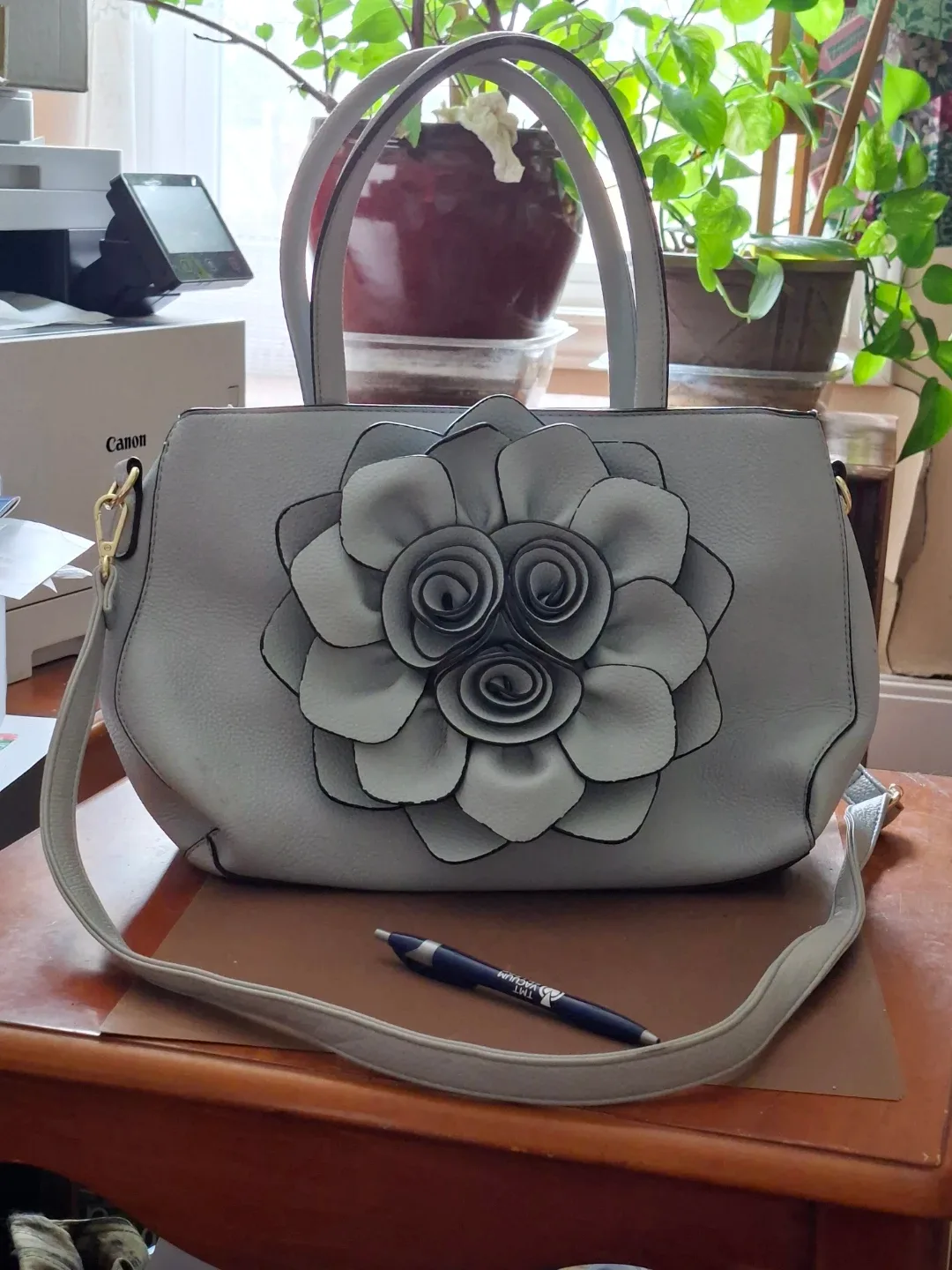 Light Grey Faux Leather Handbag with Large Flower Accent