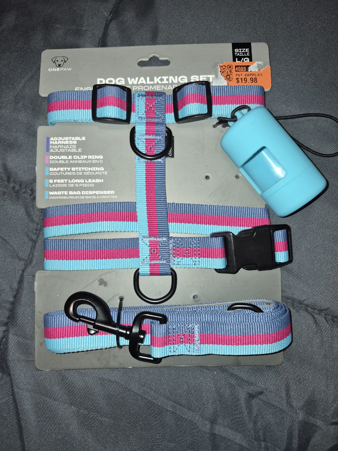 OnePaw Dog Walking Set - Adjustable Harness & 5ft Leash - Large