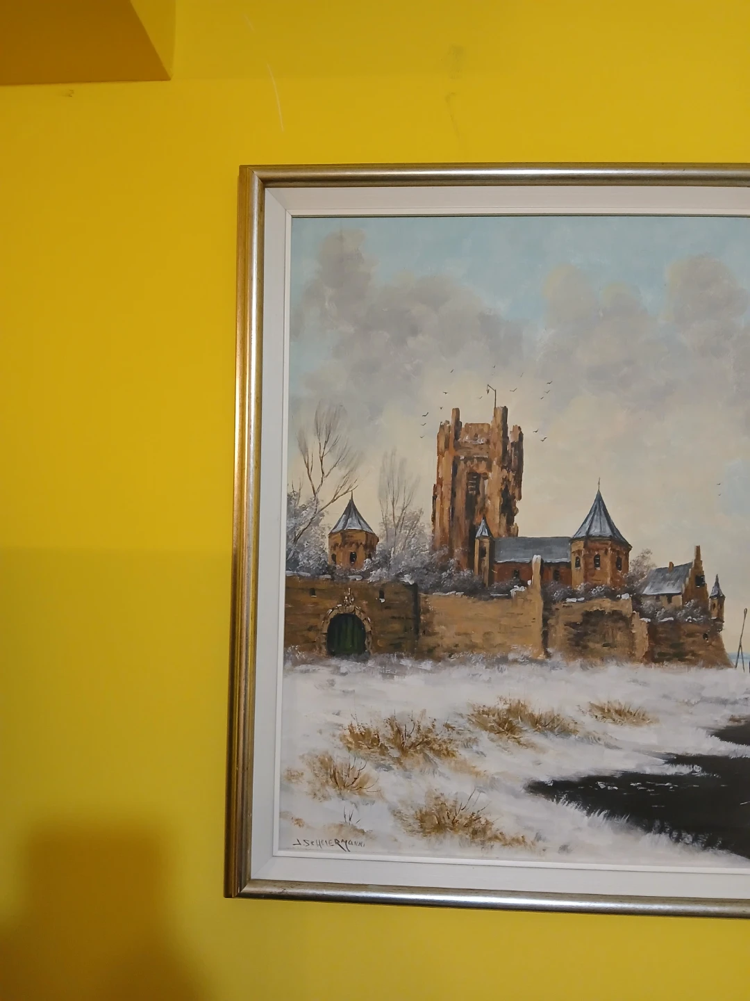 Vintage Winter Scene Oil Painting with Castle and Ice Skaters
