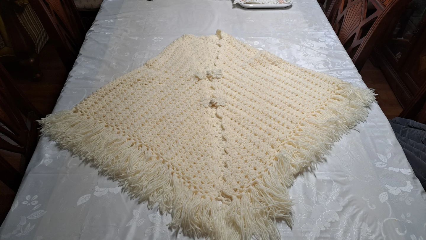 Cream Crochet Poncho with Fringe and Flower Details - photo 4